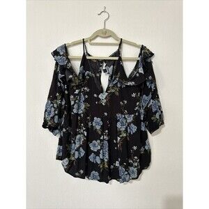 American Eagle Blouse Top  Black Blue Floral Cold Shoulder BOHO Peplum Sz L A41
